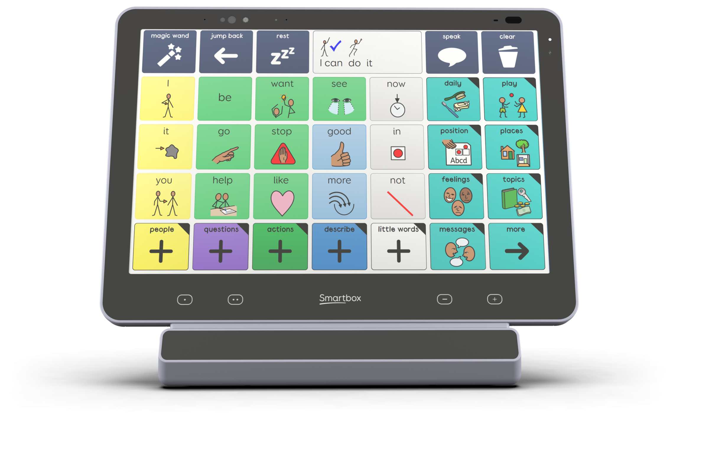 Grid Pad 16 - Super Core shown with Smart Buttons that support eye gaze and a 6.5-inch wide-angle screen.