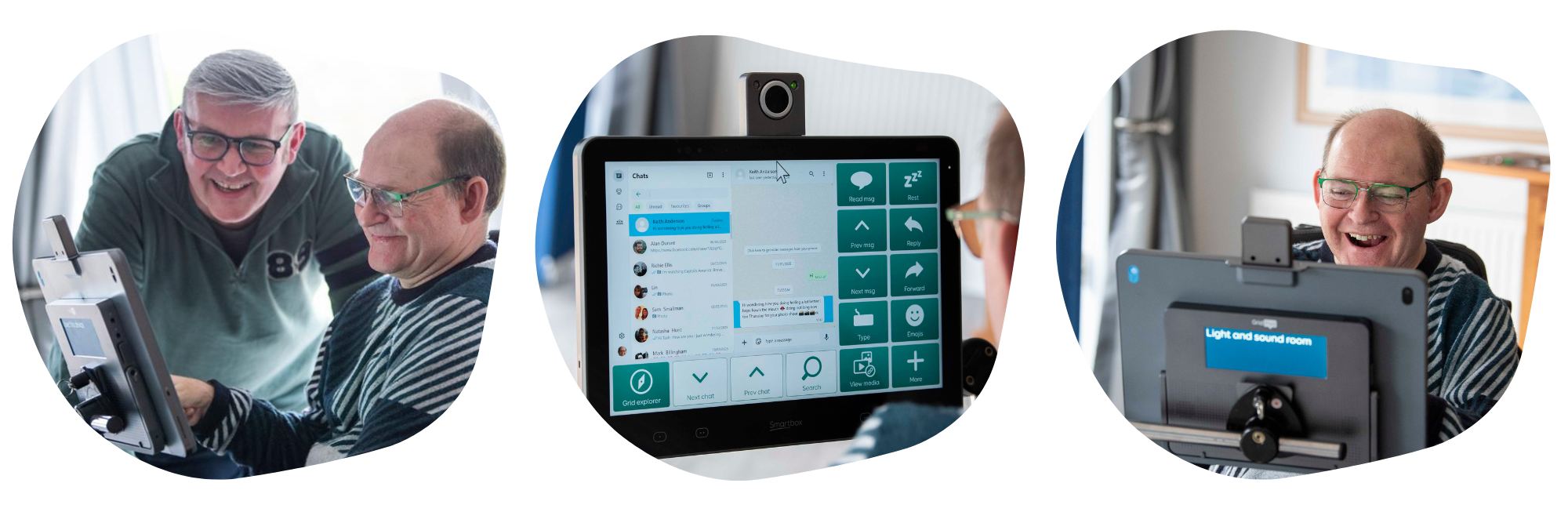 Collage of three pictures: In the first, Richard shows his Grid Pad to another man; in the second, he’s using WhatsApp on his Grid Pad; and in the last, he’s laughing while using it.