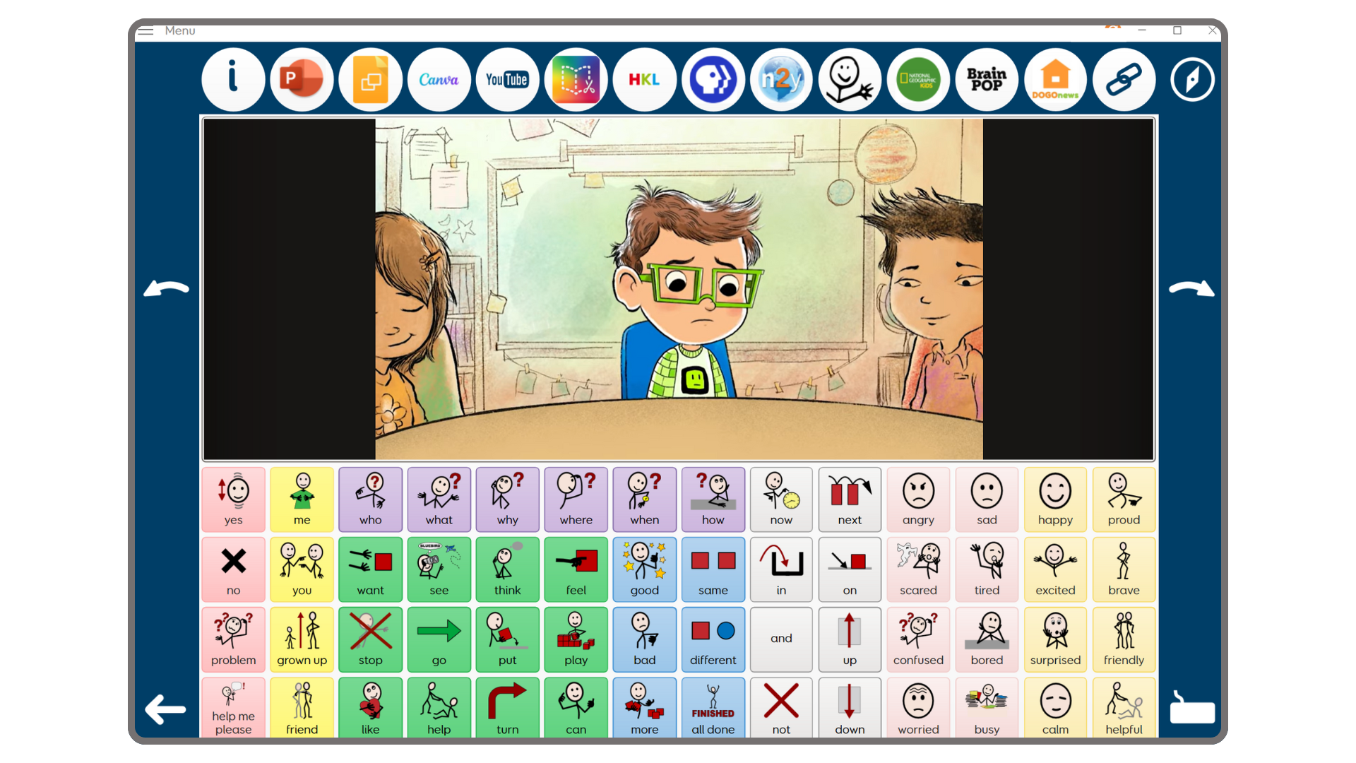 Super Core: See and Say grid set, which displays a variety of logos for different websites at the top of the screen, an illustrated image of a child sitting at a table frowning underneath,and corresponding vocabulary about feelings and needs at the bottom.