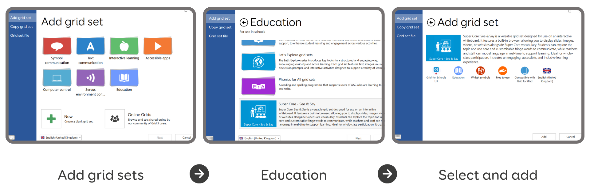 Three screenshots of Grid with text underneath each image and an arrow in between each portion of text. From left to right, the text reads: Add grid sets, Education, then Select and add.