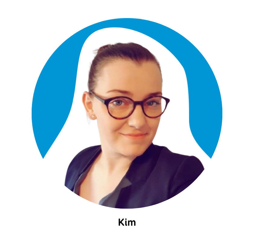 Kim smiling, with a bright blue graphic behind her and the text 'Kim' under the photo.