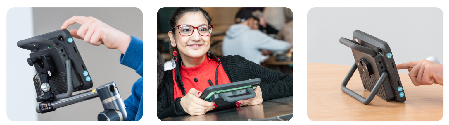 Flexible positioning of the Talk Pad, mounted, held, and on a table.