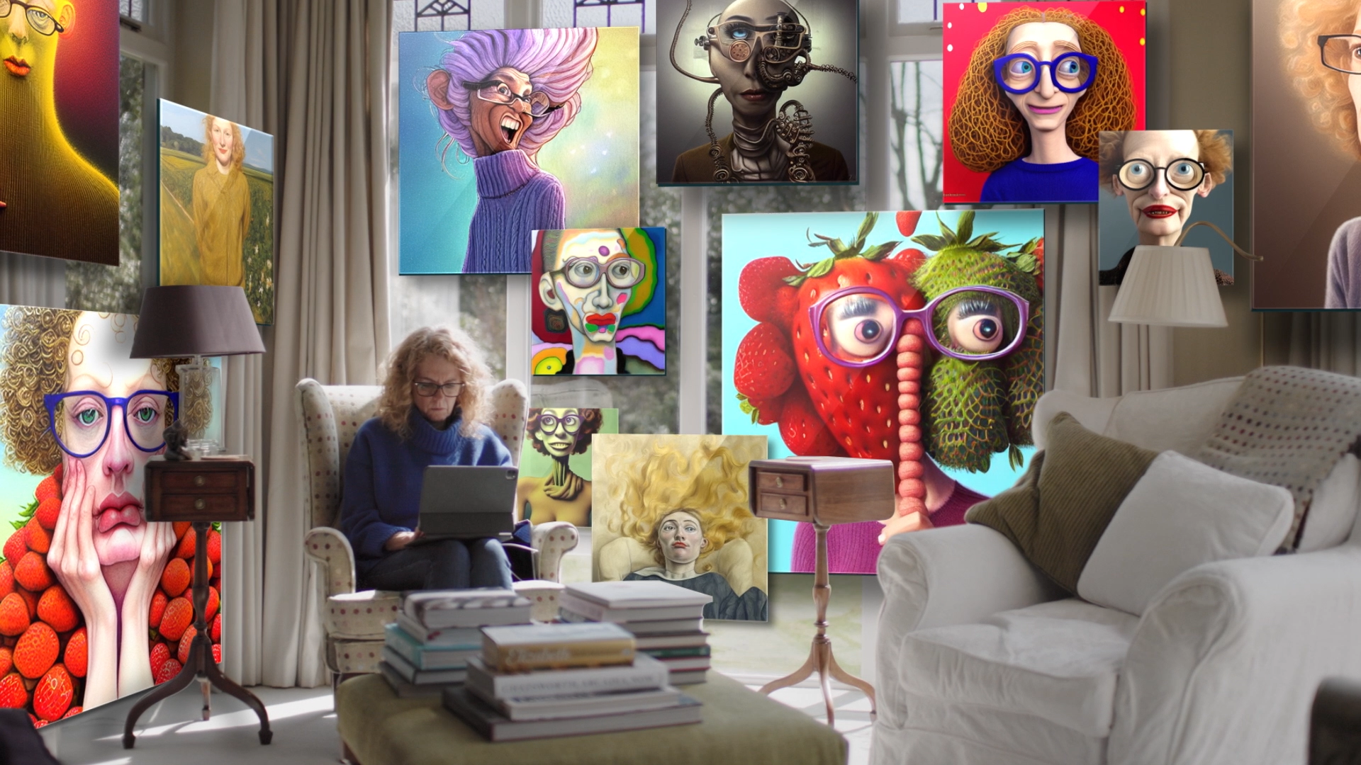 An image of someone using the Mind's Eye accessible app, surrounded by images they have generated.