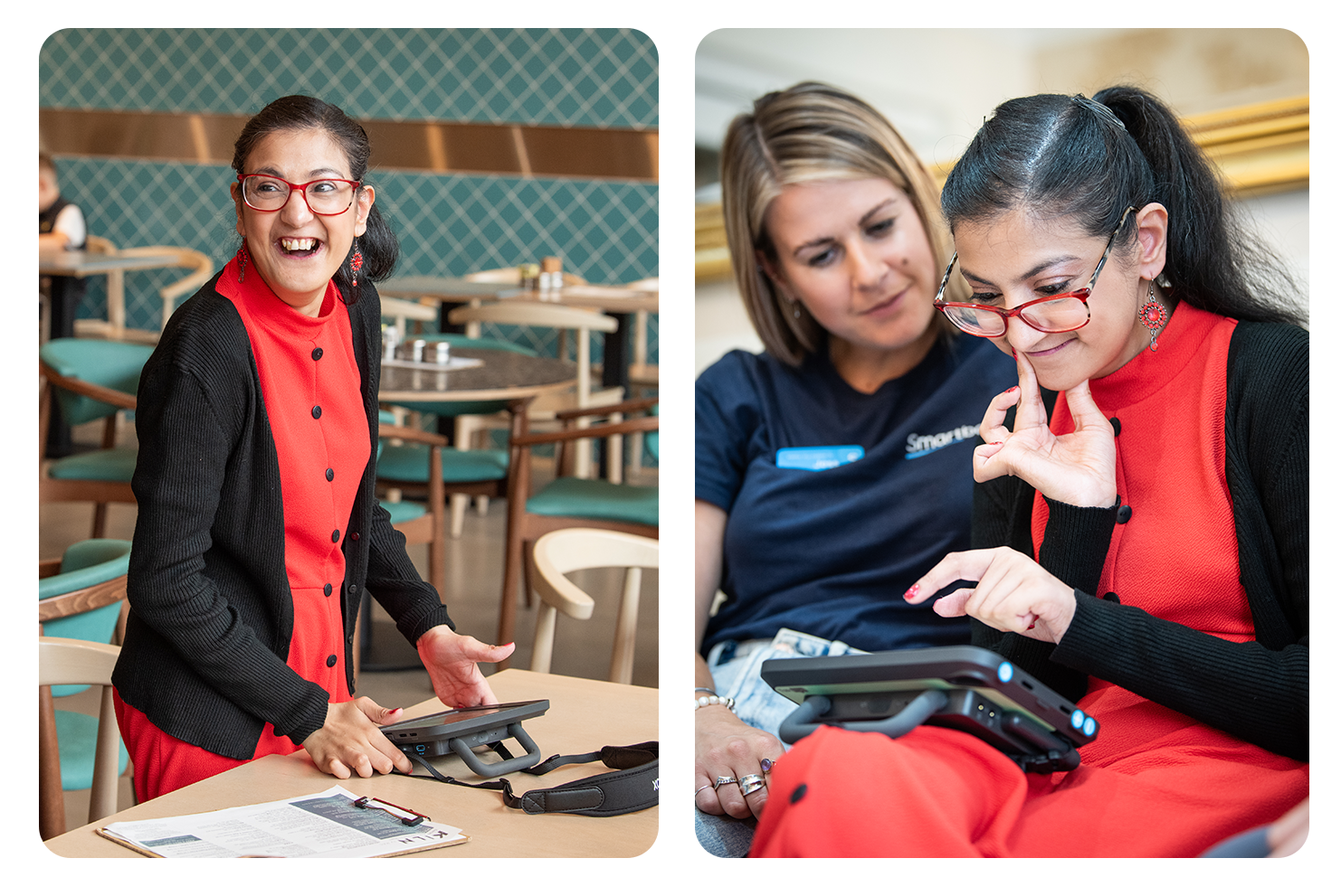 Sufina uses her Talk Pad in a crowded Cafe, as well as to talk to Smartboxer, Jess.