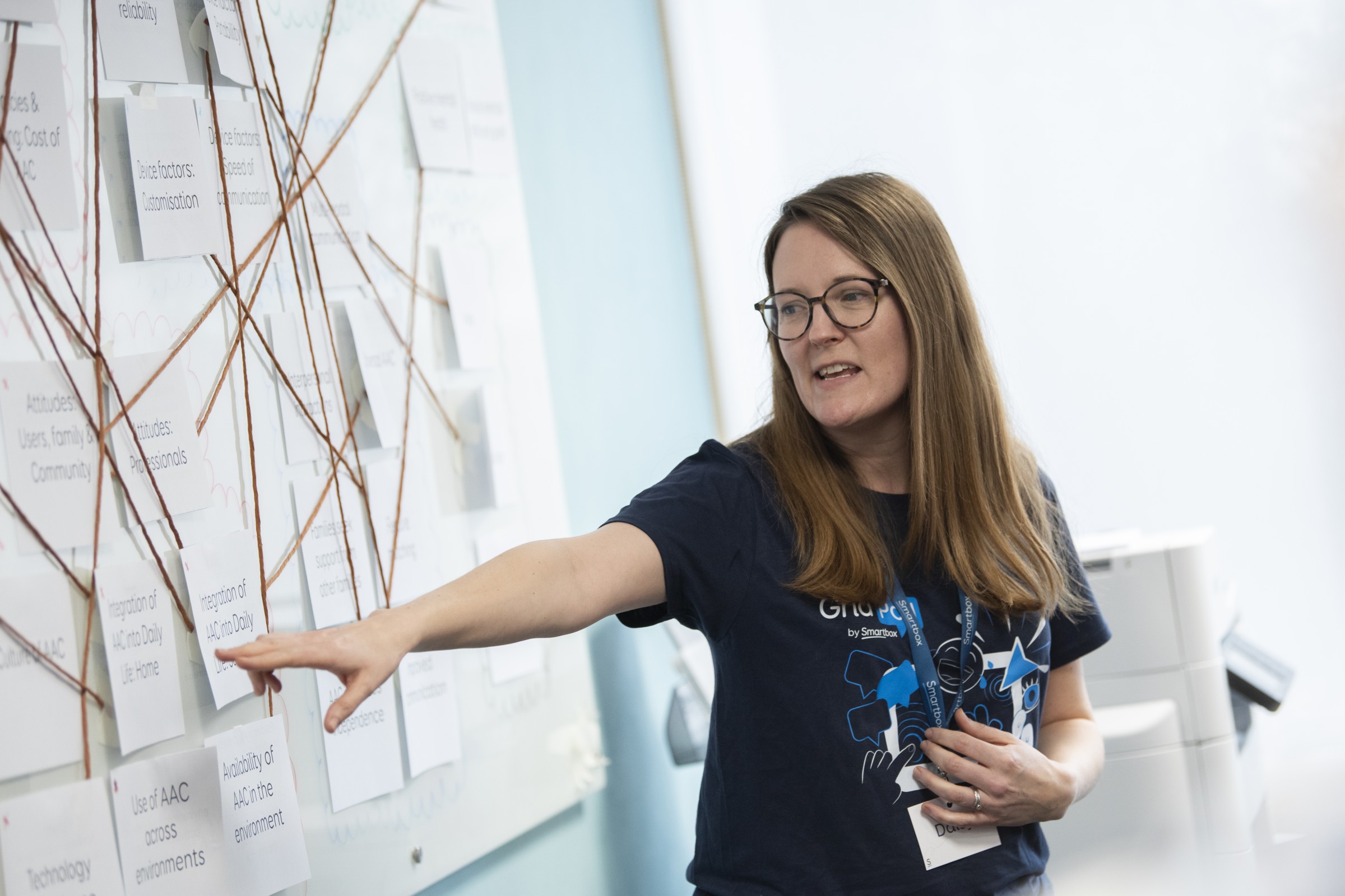 A photograph of Daisy pointing at a whiteboard during a research workshop.