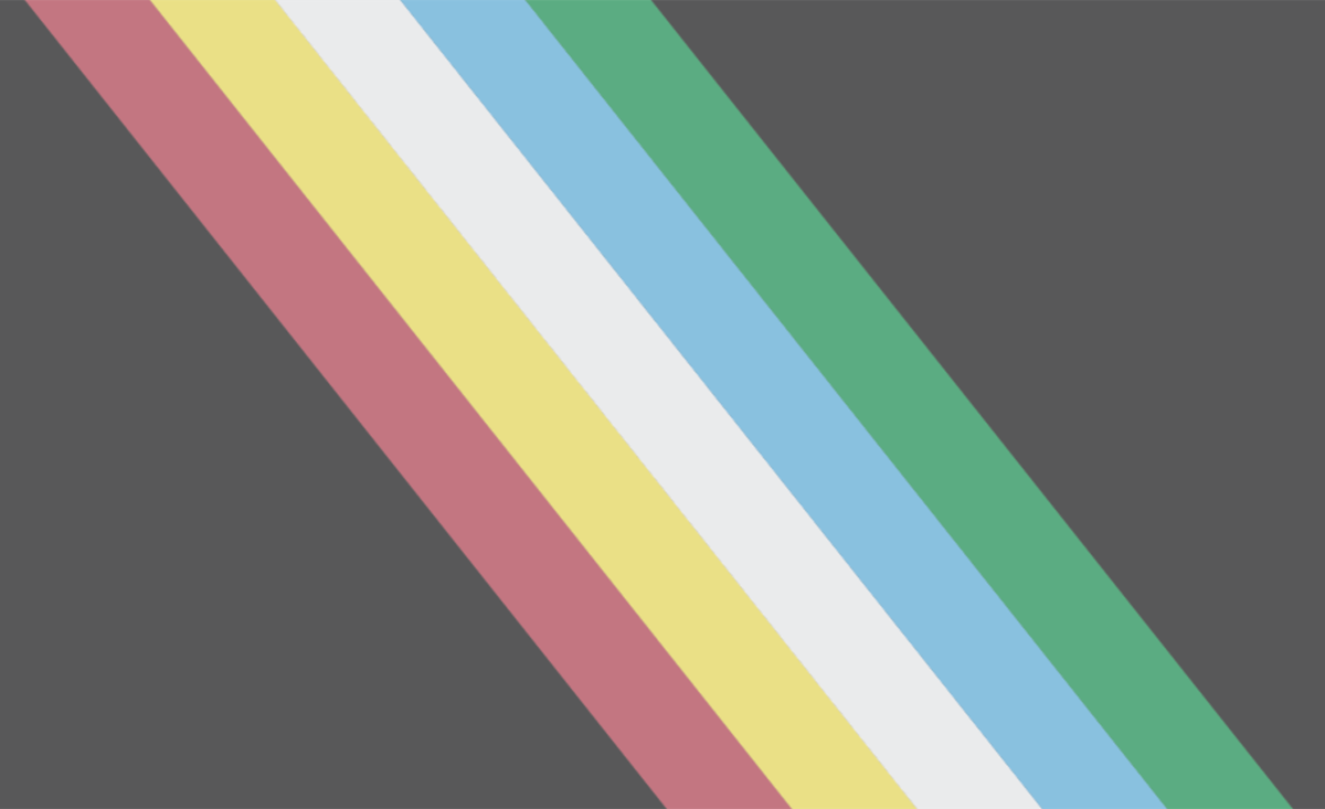 The Disability Pride flag, showing a black background and five green, blue, white, yellow and red diagonal stripes.