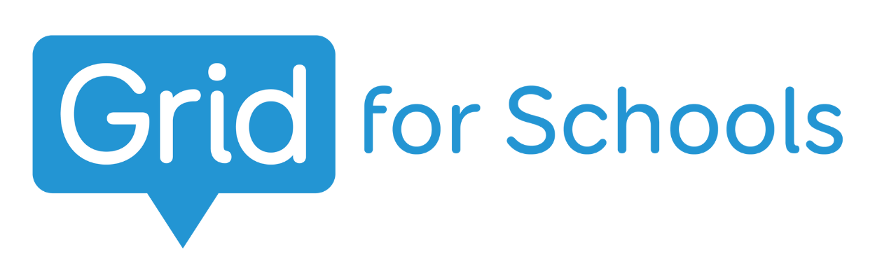 Grid for Schools logo, bright blue bubble graphic surrounding the word Grid, 'for Schools' in bright blue.