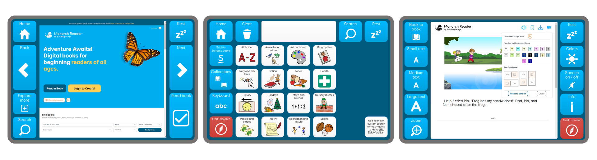 Screenshots of the Monarch Reader app homepage, search page, and settings options.