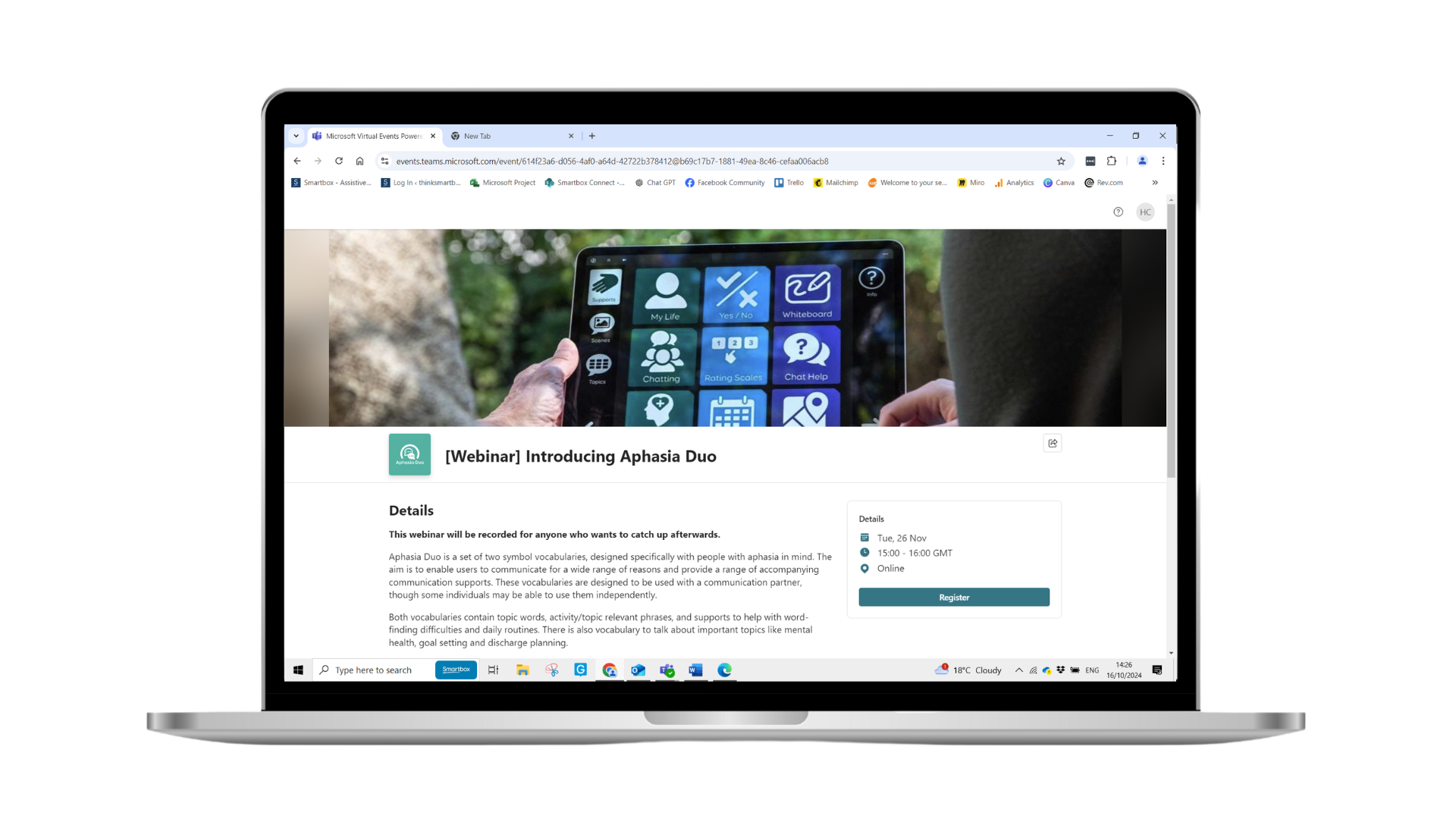 Image of a laptop showing the Aphasia Duo webinar sign up