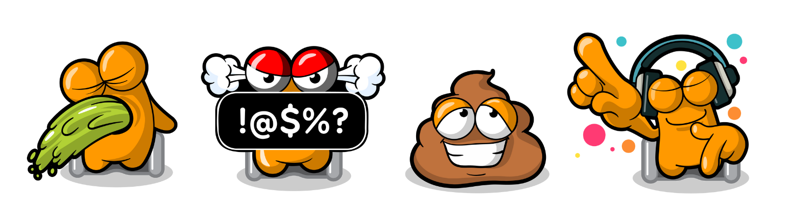 Symoji: poo face, feeling sick, swearing, partying.