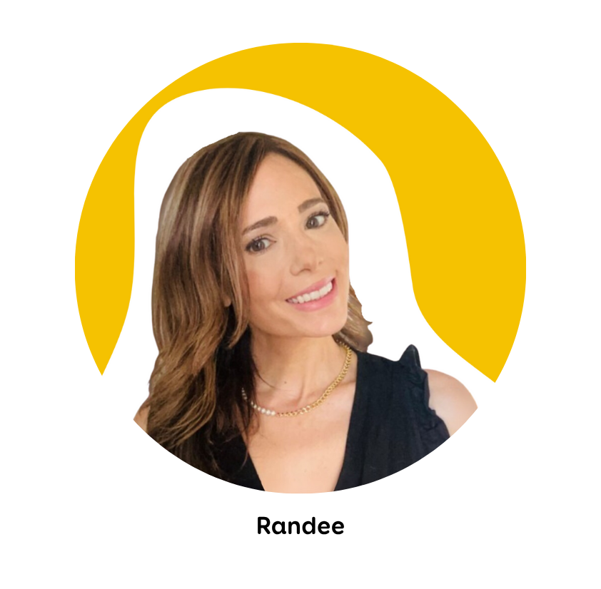 Headshot of Randee smiling, with a bright yellow graphic behind her and the text 'Randee' under the photo.