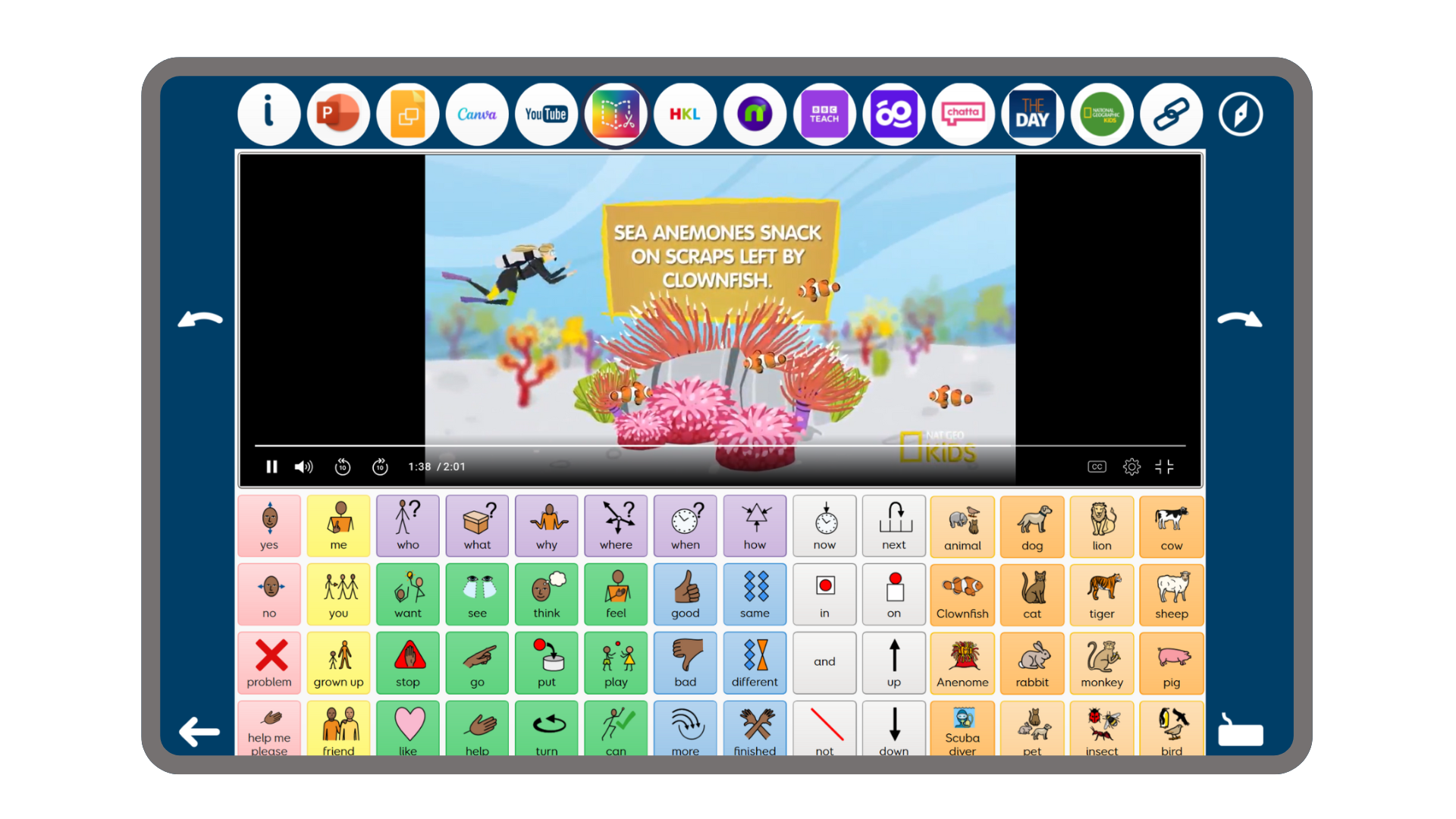 Screenshot of Super Core: See & Say with a video shown in the browser portion. The video is paused on a graphic of a diver swimming underwater, approaching three bright pink anemones and orange coral, with clownfish swimming around it. There is a yellow rectangle that reads 'Sea anemones snack on scraps left by clownfish'.